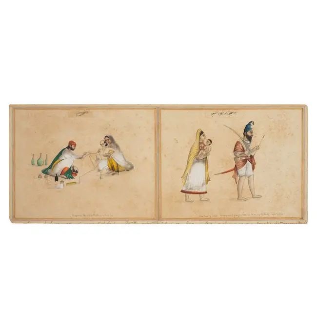 Two paintings depicting a Sikh akali with his wife and child, and a Punjabi doctor treating a pa...: Two paintings depicting a Sikh akali with his wife and child, and a Punjabi doctor treating a patient Punjab, circa 1850 watercolours on watermarked paper laid down together on one sheet of card, Pers