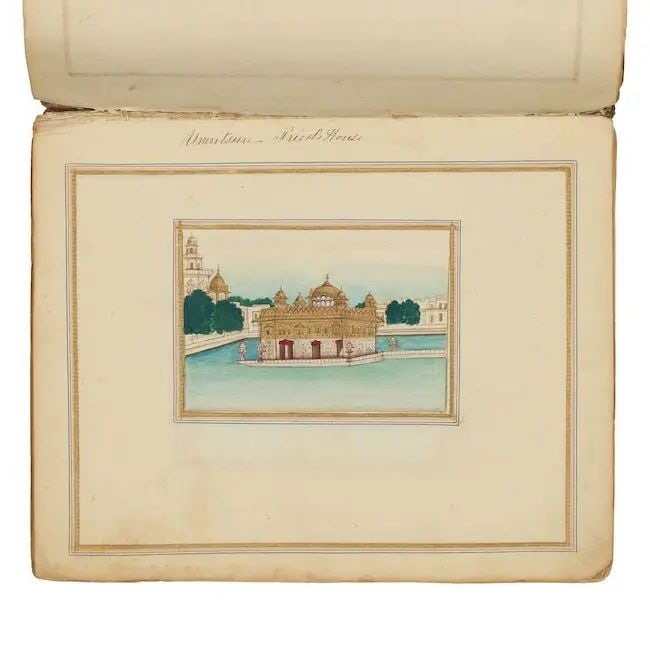 An album of sixty paintings depicting Sikh rulers, north Indian monuments and tradespeople Punja...: An album of sixty paintings depicting Sikh rulers, north Indian monuments and tradespeople Punjab, circa 1850-60 watercolours with some gold on watermarked paper, some leaves embossed with London Serp