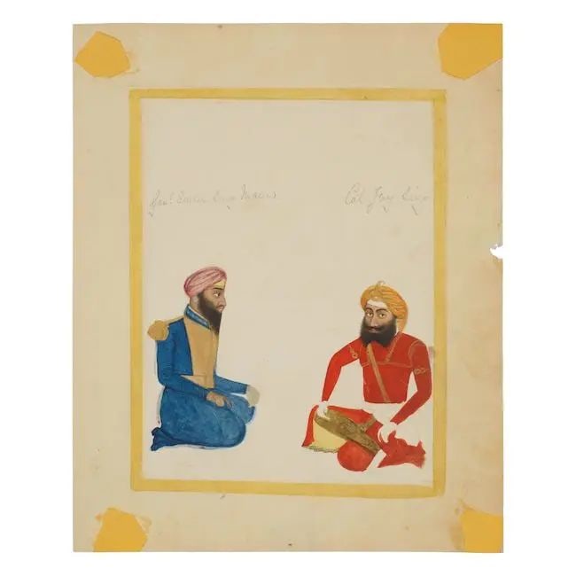 General Amar Singh Maan and Colonel Jai Singh, senior officers of the Sikh khalsa army Punjab, m...: General Amar Singh Maan and Colonel Jai Singh, senior officers of the Sikh khalsa army Punjab, mid-19th Century gouache and gold on paper, inscribed in English in pencil Genl. Amar Sing Maun and Col. 