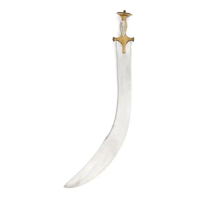 A gold-koftgari steel hilted sword (tegha) Lahore, Punjab, 19th Century: A gold-koftgari steel hilted sword (tegha) Lahore, Punjab, 19th Century the curved steel blade with wide flattened spine becoming double-edged towards the hilt, punched inscription to one side, two se