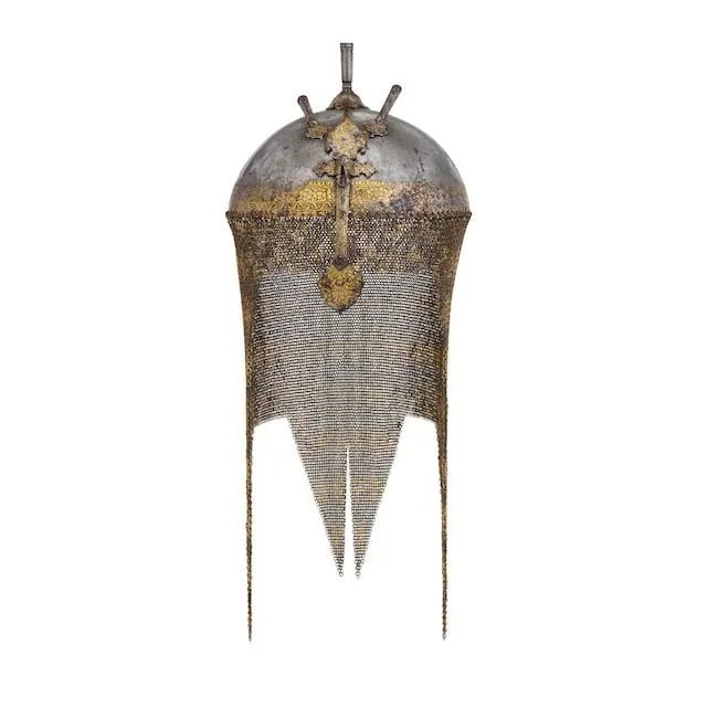 A gold koftgari steel helmet (khula khud) with Gurmukhi inscription Lahore, early 19th Century: A gold koftgari steel helmet (khula khud) with Gurmukhi inscription Lahore, early 19th Century of domed form, with finial in the form of an inverted flowerhead surmounted by a plume holder, the nosegu