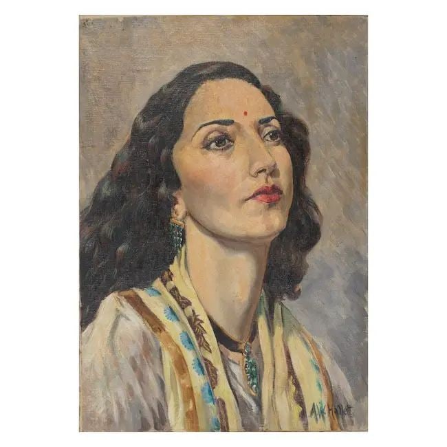 Princess Sushila Devi of Kapurthala (1918-74), daughter of Maharajah Paramjit Singh of Kapurthal...: Princess Sushila Devi of Kapurthala (1918-74), daughter of Maharajah Paramjit Singh of Kapurthala by A. W. Mallett (British, 20th Century), first half of the 20th Century oil on canvas laid down on bo