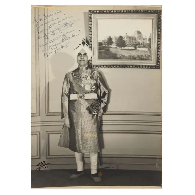 A signed photograph of Jagatjit Singh Bahadur, Maharajah of Kapurthala (1872-1949, reg. 1877-194...: A signed photograph of Jagatjit Singh Bahadur, Maharajah of Kapurthala (1872-1949, reg. 1877-1949) by Piaz, Paris, dated 11th April 1945 gelatin silver print, photographer's stamped logo lower left, i