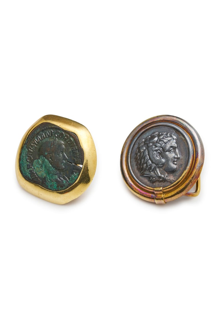 Two coin belt buckles: Two coin belt buckles one example showing Alexander the Great, in gold frame, weight 40.5gm, measuring 4.0cm, the second showing Gordian III, in gold frame, weight 49.6gm, measuring approx. 4.0 x 4.0c
