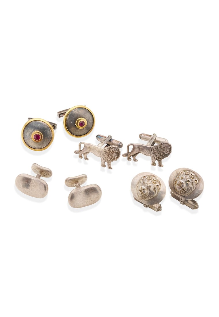 Collection of sterling silver cufflinks: Collection of sterling silver cufflinks Four pairs of sterling silver cufflinks 1. Tiffany & Co. Elsa Peretti sterling silver 'Bean' cufflinks signed Tiffany & Co. Elsa Peretti, gross weigh 25.78gm. 2