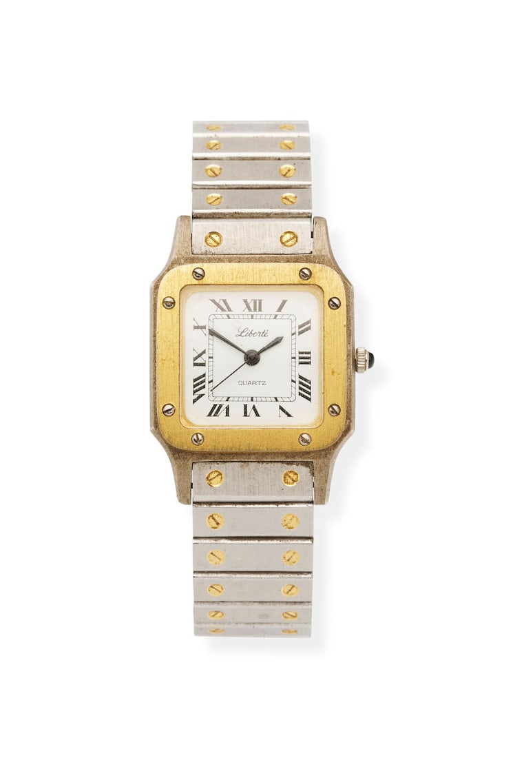Liberte | bracelet watch: Liberte | bracelet watch Calibre: Quartz movement Dial: white dial, Roman numerals Case: 26 x 27mm, gilt metal and stainless steel Strap: Stainless steel bracelet with gilt metal screws For further