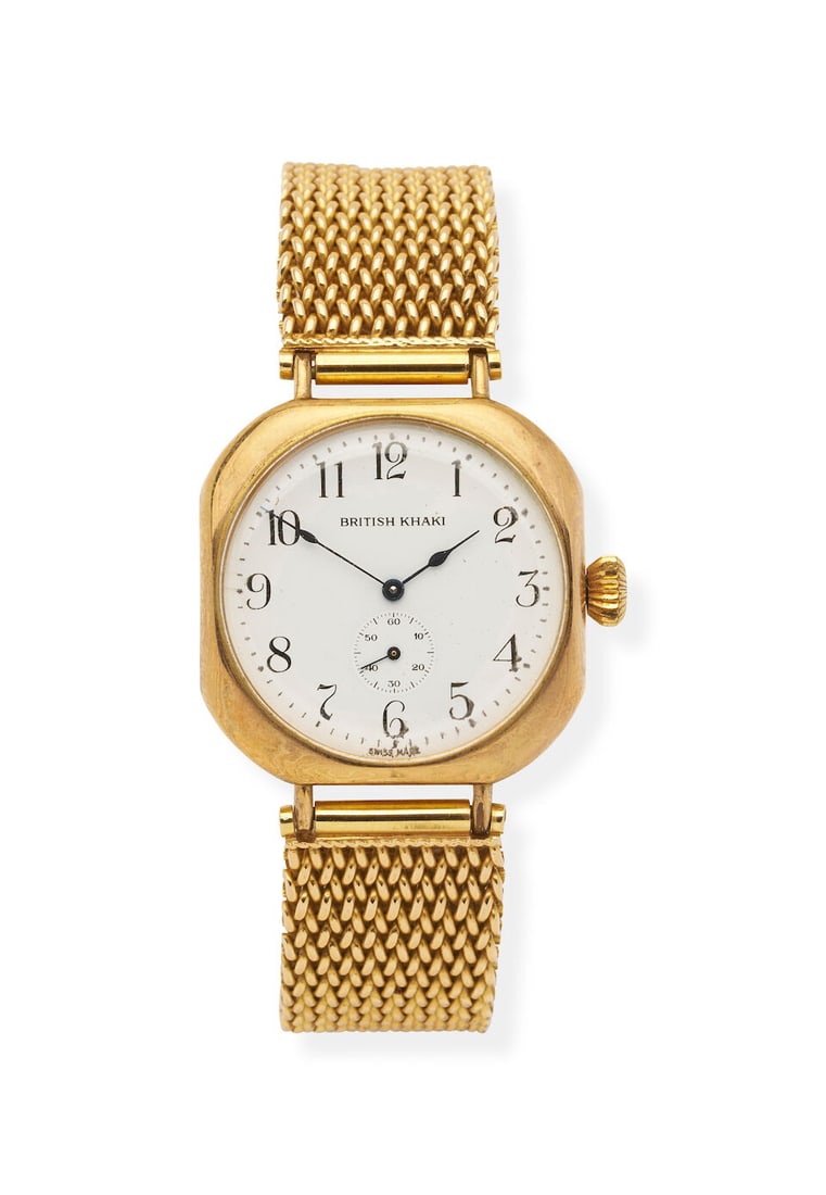 British Khaki | Gilt metal and gold bracelet watch: British Khaki | Gilt metal and gold bracelet watch Calibre: Quartz Dial: white enamel, signed Case: 31 x 31mm Strap: woven gold bracelet with folding clasp stamped 18k For further information on this 