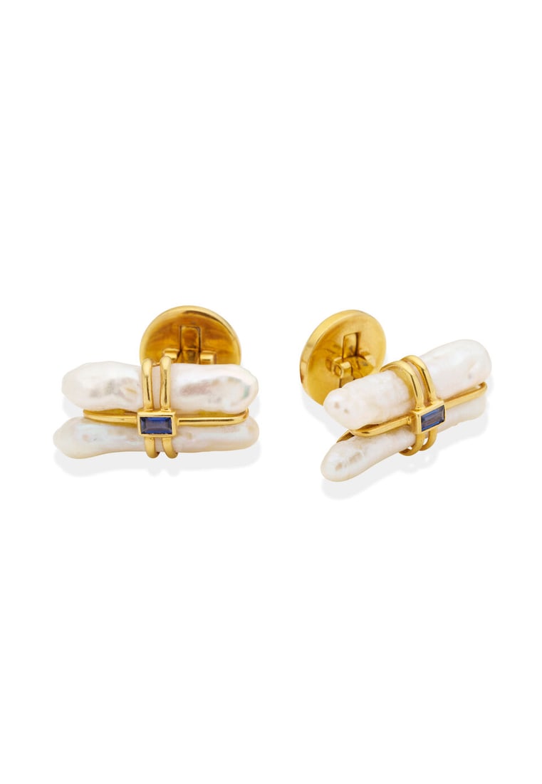 Pearl and sapphire cufflinks,: Pearl and sapphire cufflinks, Each set with a pair of freshwater pearls and centred by a rectangular step-cut blue sapphire, to the reverse mother of pearl cabochon catch, mounted in yellow gold, stam