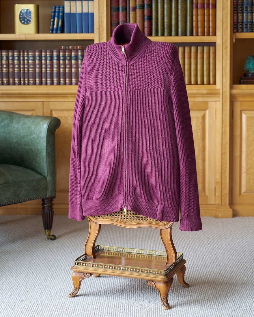 Louis Vuitton | Burgundy knit cardigan size XL, labelled Louis Vuitton made in Italy, care label: Louis Vuitton | Burgundy knit cardigan size XL, labelled Louis Vuitton made in Italy, care label in wool cashmere blend with full length gold tone zip, in very good condition For further information o