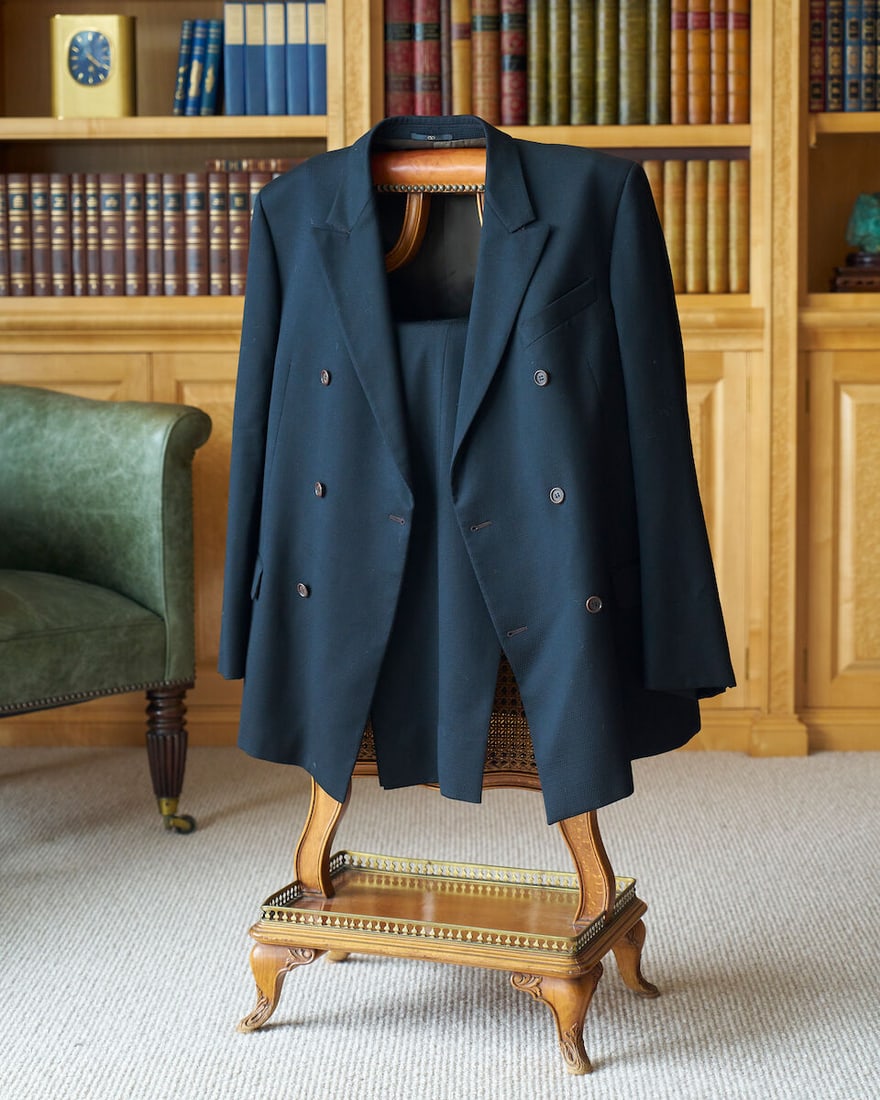 Valentino Roma | navy double breasted suit size 56R, labelled 'Valentino Roma', care label to po...: Valentino Roma | navy double breasted suit size 56R, labelled 'Valentino Roma', care label to pocket, 100% virgin wool, in good condition with signs of wear, For further information on this lot please