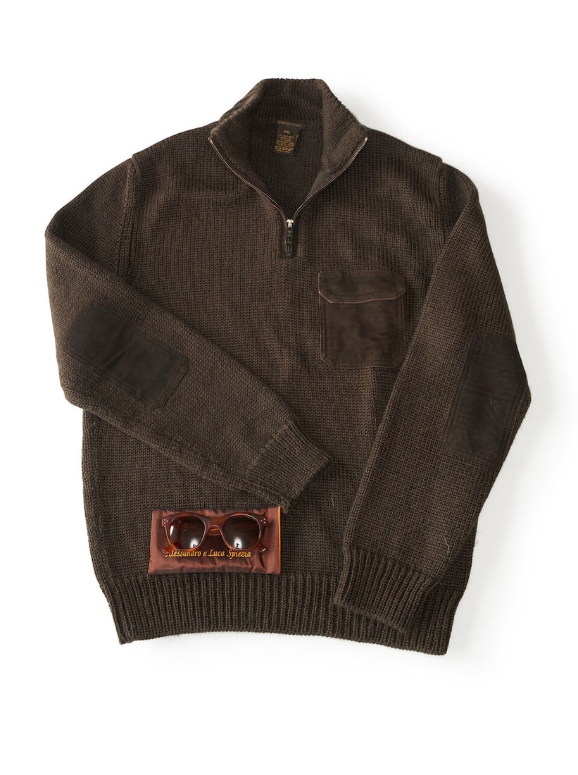 Louis Vuitton | chunky knit size XXL: Louis Vuitton | chunky knit size XXL 70% wool and 30 mohair with suede lambskin trim breast pocket and elbow patches, in very good condition, together with a pair of brown Spiezia sunglasses in brown 