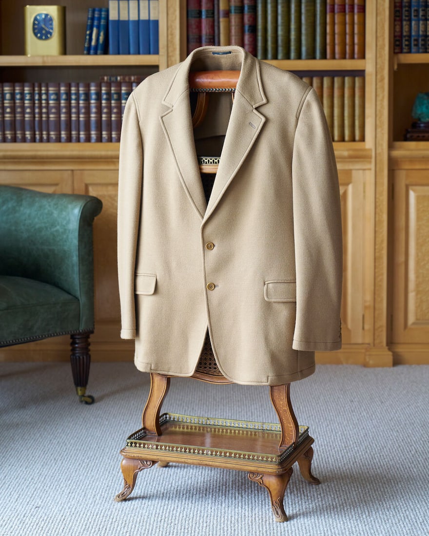 Valentino | camel single breasted coat: Valentino | camel single breasted coat unlabeled for size or material composition, sized extra large (approximately), with silk lined sleeves, some marks to the sleeves and signs of wear, good conditi