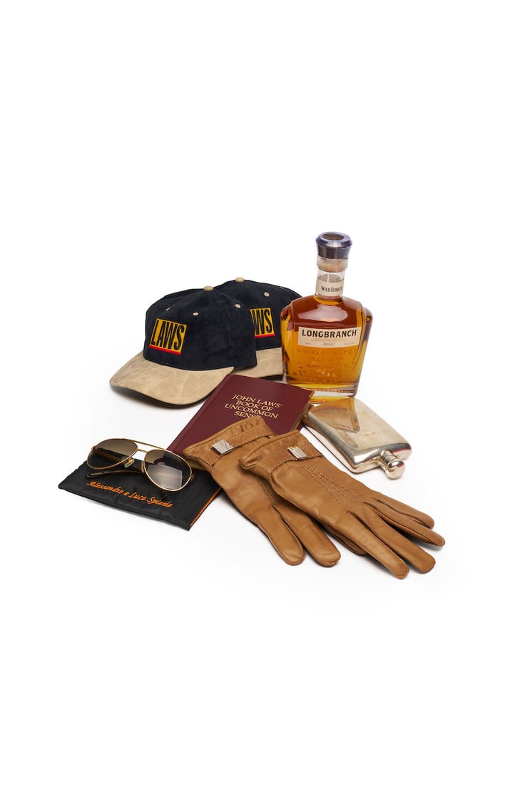 A suite of luxury 'Laws' accessories, (6): A suite of luxury 'Laws' accessories, including: - Italian tan leather and cashmere-lined gloves with silvered metal buckle wrist closures, size 10, in near-new condition - a pair of vintage Louis Vui