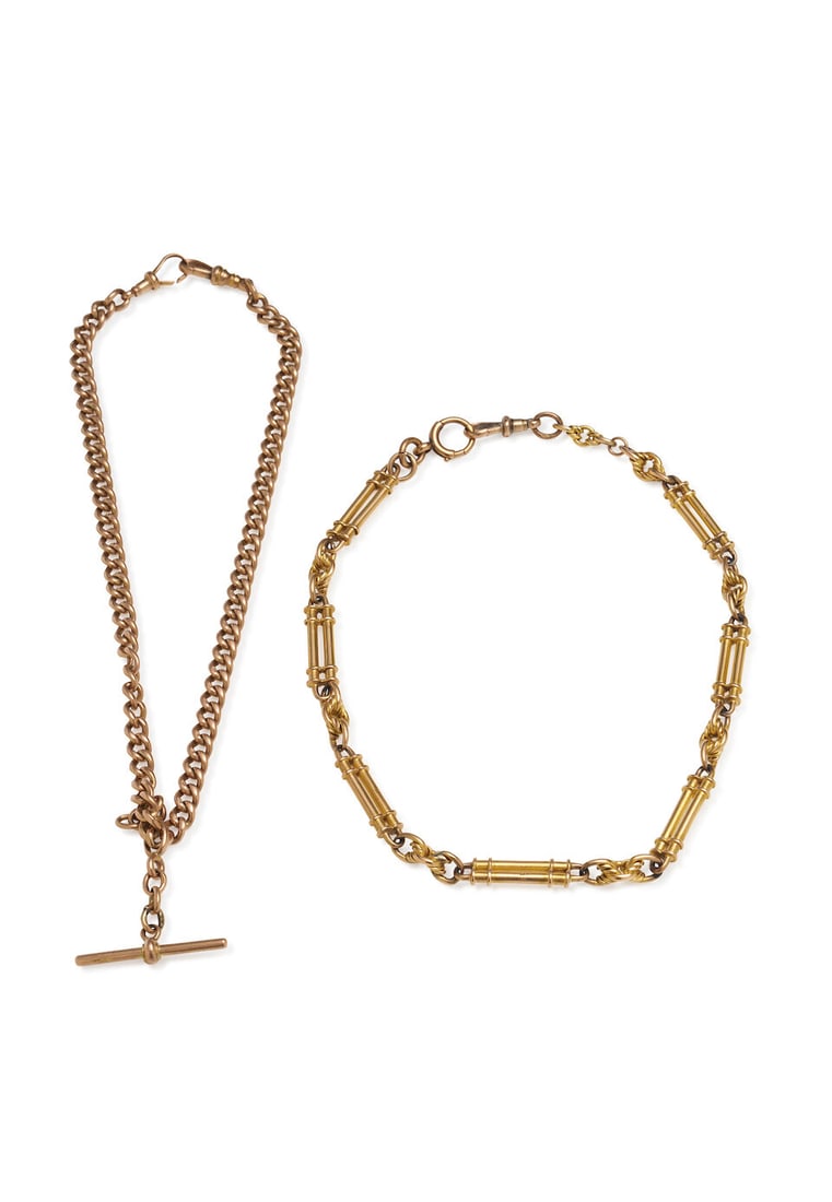 Two gold albert chains: Two gold albert chains One curb-link chain with lobster clasps suspending a 'T' bar, stamped 9ct to each link; The fancy link chain with lobster and sprung 'C' clasp, stamped 15ct, weight respectively