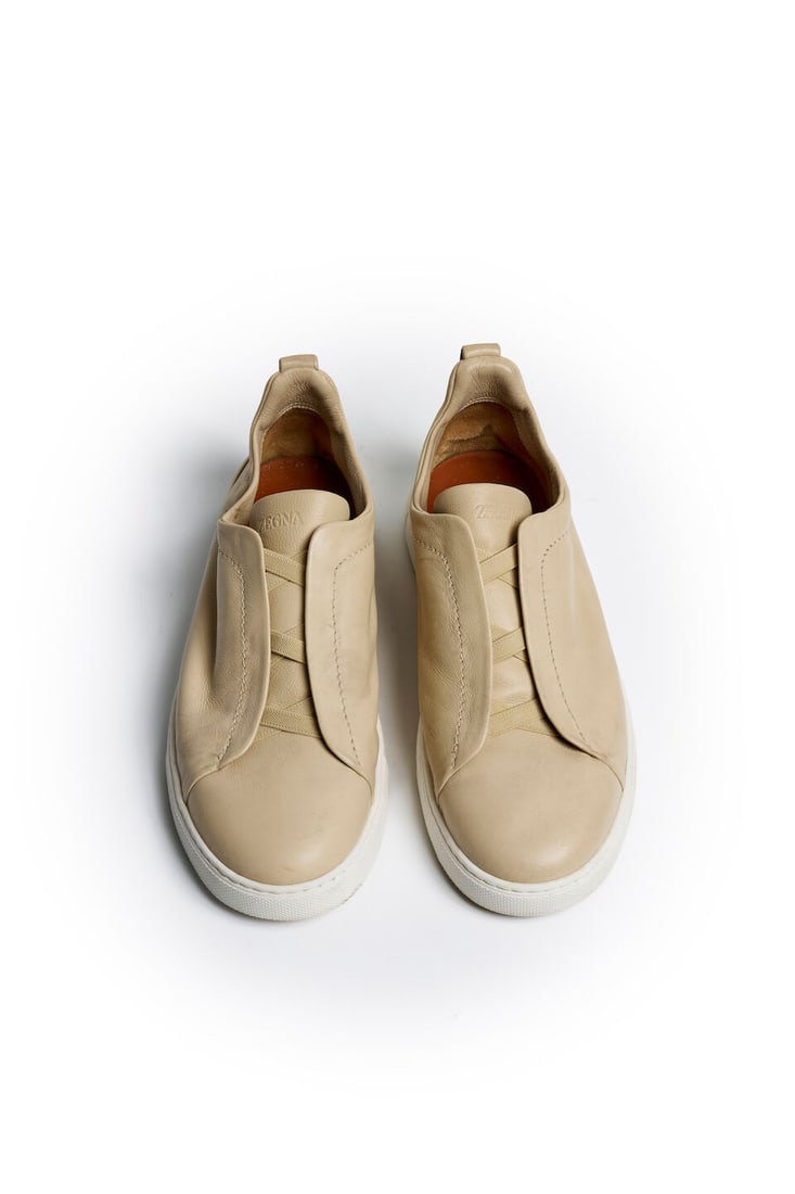 Zegna | Triple Stitch leather sneakers size 10 UK 11 US, stamped S5207Z: Zegna | Triple Stitch leather sneakers size 10 UK 11 US, stamped S5207Z in cream leather, white rubber sole, very good condition, signs of light wear, right shoe with a vertical scuff to the leather F