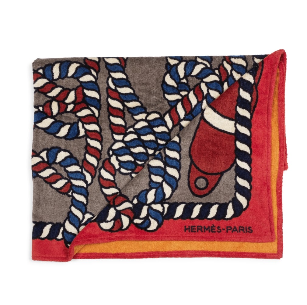 Hermès Paris. Tapis de plage Cordages et Pare-Battage rouge, étain et bleu. Hermè... (1 of 1)