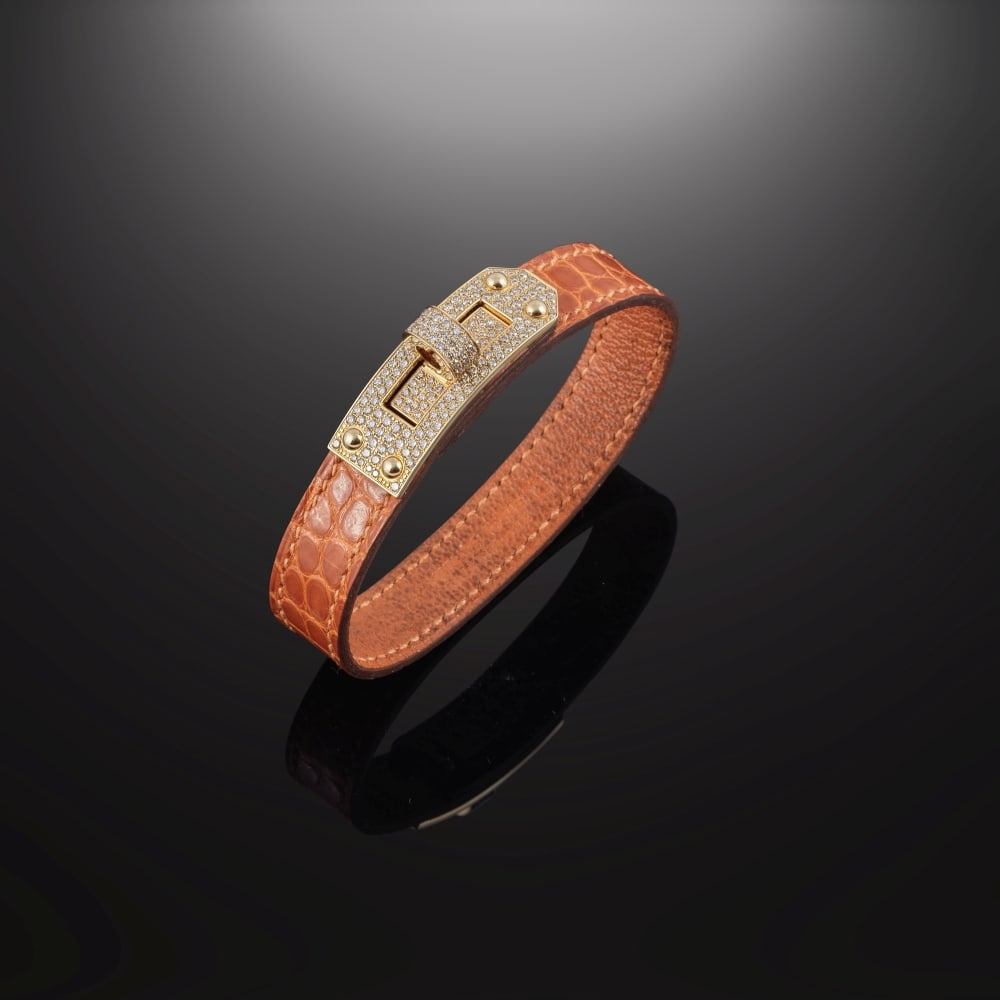 Hermès Paris. Bracelet Kelly en Alligator orange et fermoir en or rose 750 °/°... (1 of 1)