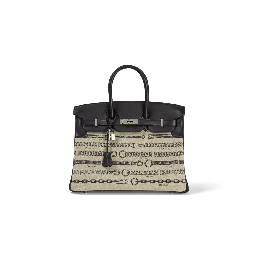 Hermès Paris, Edition Limitée, année 2018. Birkin 35 en veau Swift noir et toile ...: Hermès Paris, Edition Limitée, année 2018. Birkin 35 en veau Swift noir et toile De Camp Déchaînée. Hermès Paris, Limited Edition, year 2018. Birkin 35 in black Swif