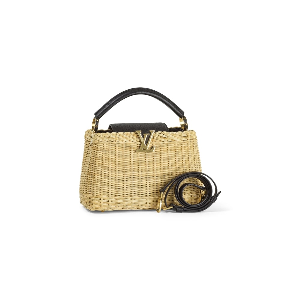 Louis Vuitton, Edition Limitée. Capucine GM en rotin et cuir noir. Louis Vuitton, Limited E...: Louis Vuitton, Edition Limitée. Capucine GM en rotin et cuir noir. Louis Vuitton, Limited Edition. Capucine GM in rattan and black leather. Anse d'épaule amovible. Removable shoulder strap. 