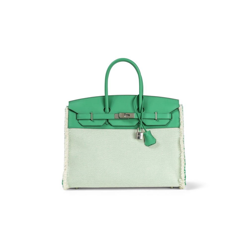Hermès Paris, année 2021. Birkin Fray 35 en veau Swift et toile chinée Vert Menth...: Hermès Paris, année 2021. Birkin Fray 35 en veau Swift et toile chinée Vert Menthe. Hermès Paris, year 2021. Birkin Fray 35 in Swift calfskin and mint green mottled canvas. Garnitu