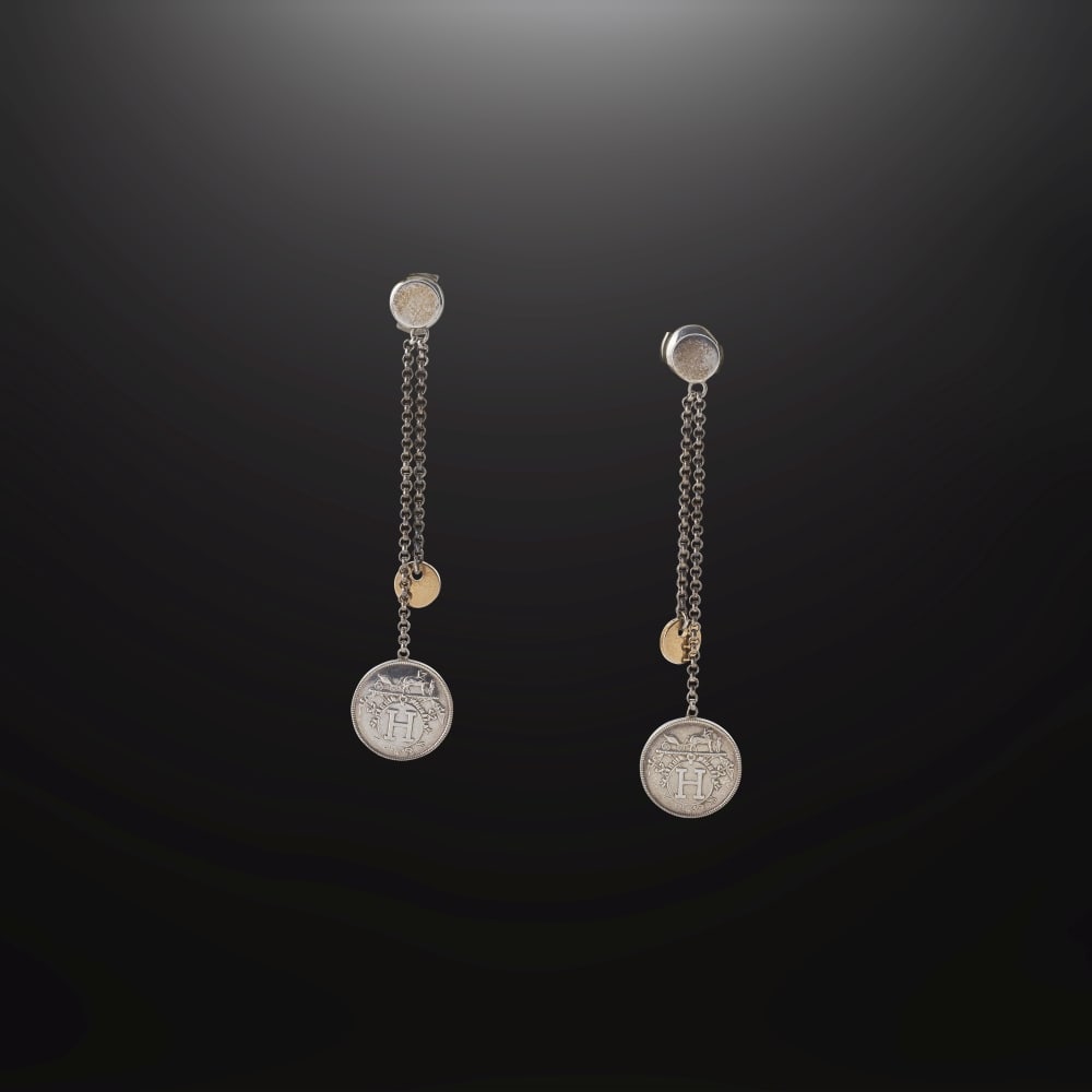 Hermès Paris. Paire de boucles d'oreilles Ex-Libris en argent 925 °/°° et or... (1 of 1)