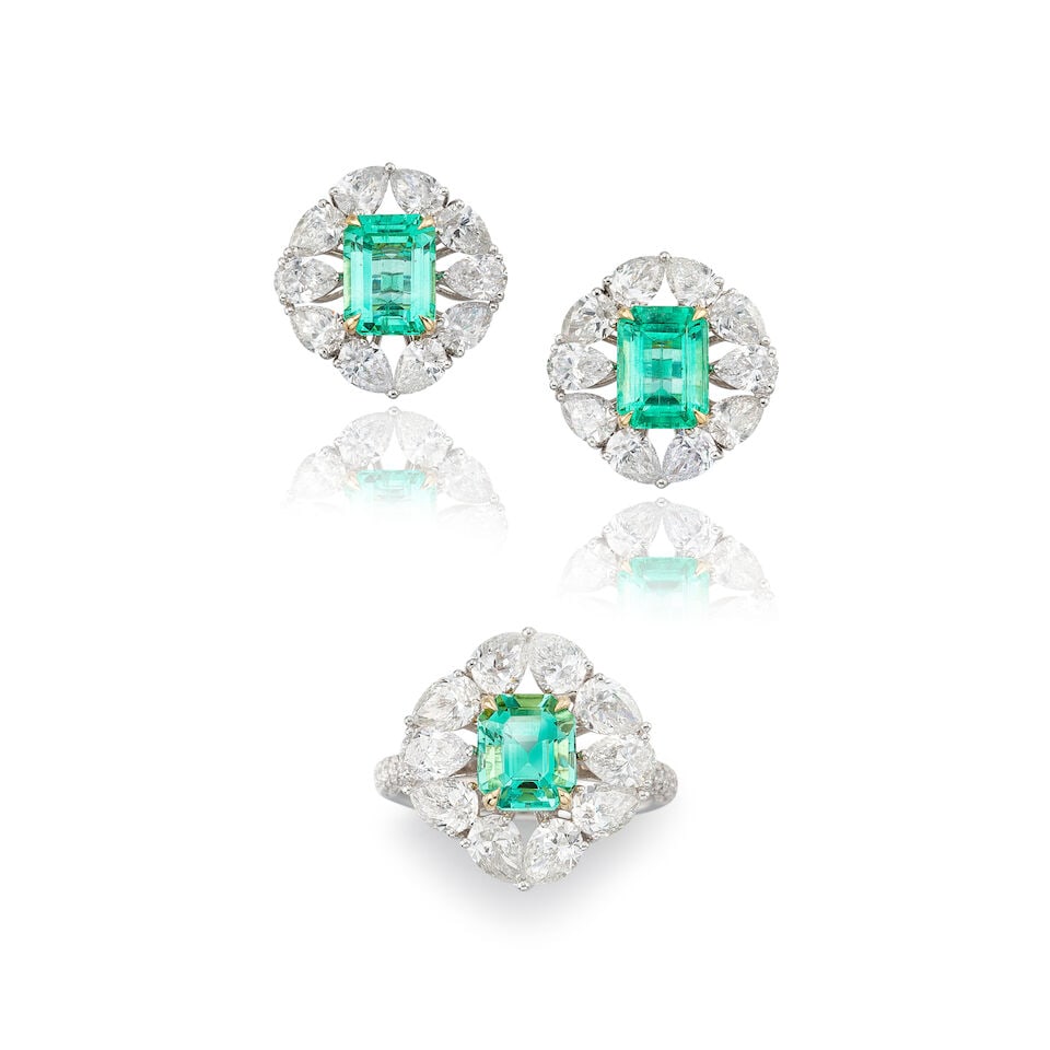 EMERALD AND DIAMOND RING AND EARRING SET (2) - 2