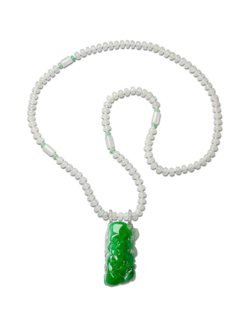 JADEITE 'LOTUS LEAF AND FISH' AND DIAMOND PENDANT WITH JADEITE BEAD NECKLACE - 2