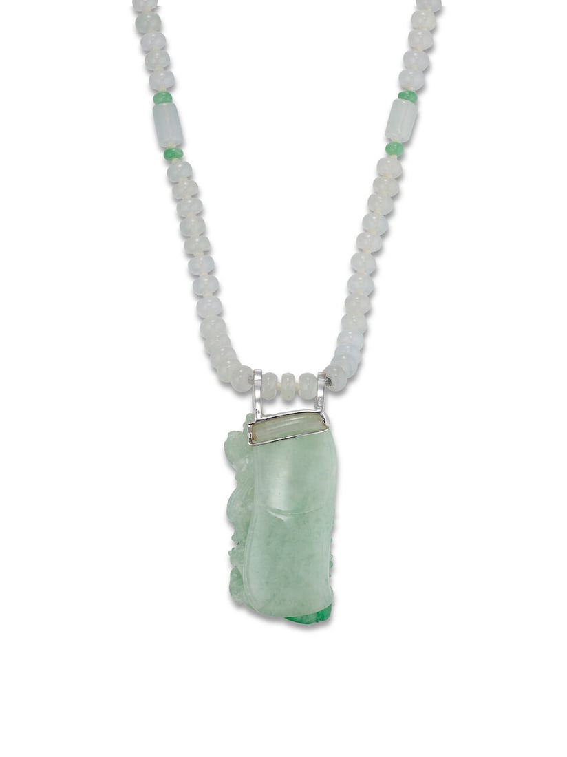 JADEITE 'LOTUS LEAF AND FISH' AND DIAMOND PENDANT WITH JADEITE BEAD NECKLACE - 4