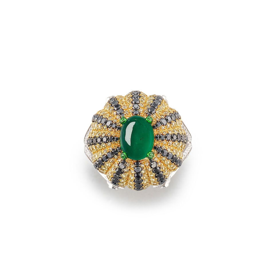 EMERALD, GEM-SET, BLACK DIAMOND AND DIAMOND RING (1 of 4)