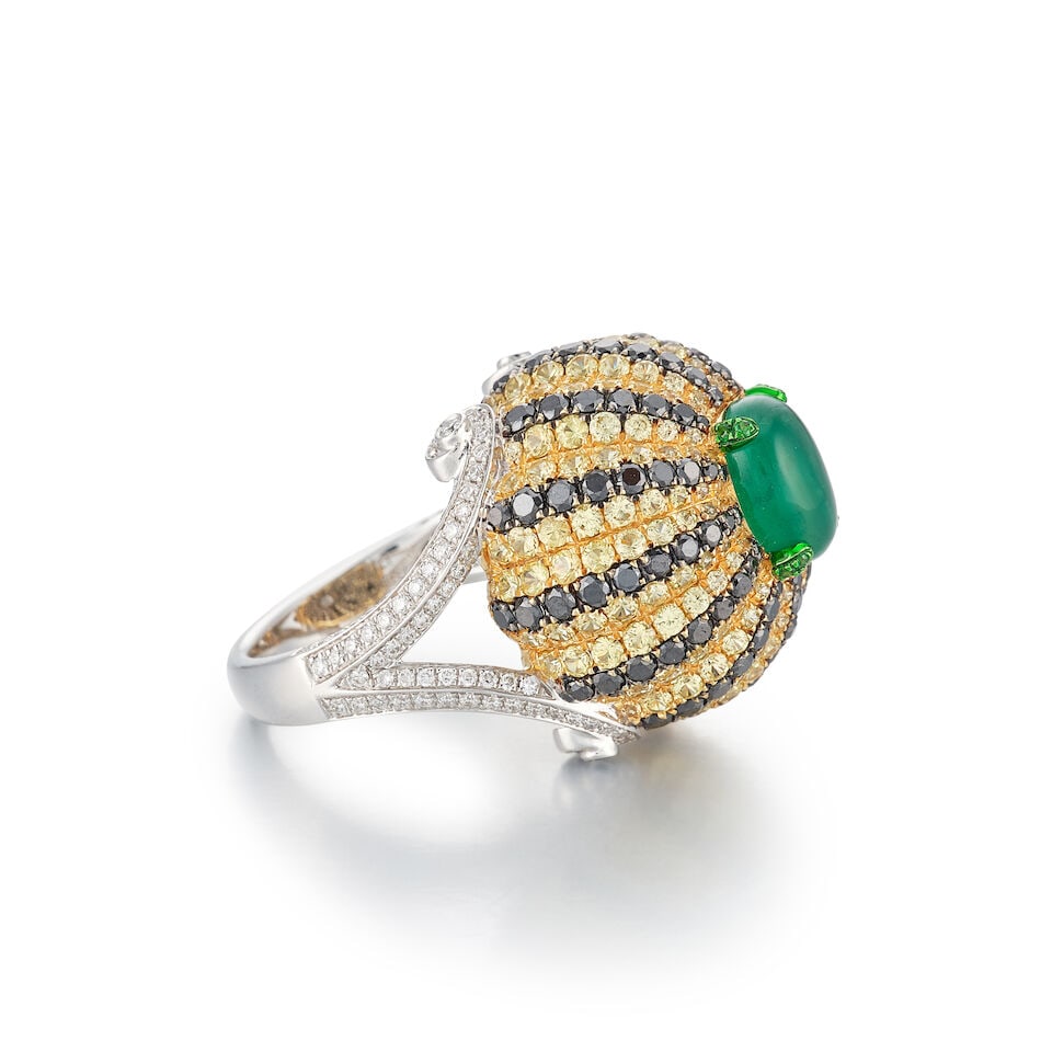 EMERALD, GEM-SET, BLACK DIAMOND AND DIAMOND RING - 2