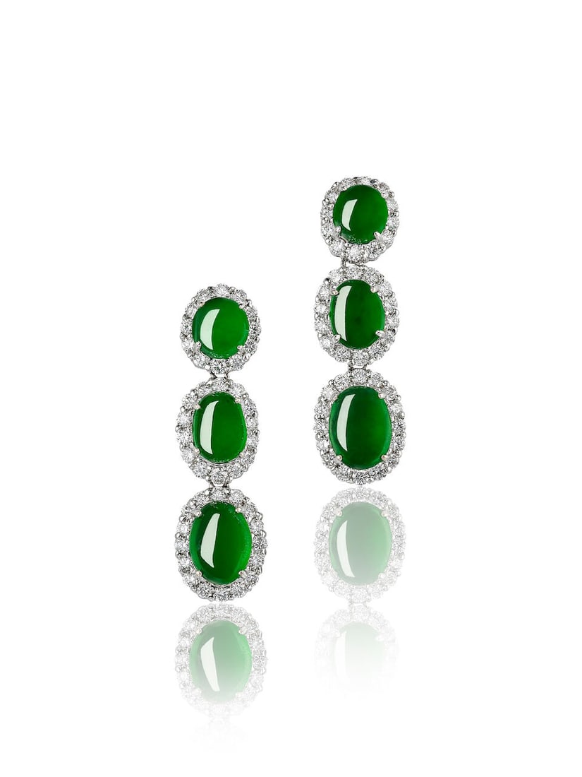 PAIR OF JADEITE AND DIAMOND EARRINGS: PAIR OF JADEITE AND DIAMOND EARRINGS 天然翡翠配鑽石耳環 Certificate: HKKJJL, selected jadeite, natural, type A (SC118309, 20 March 2018) Selected 