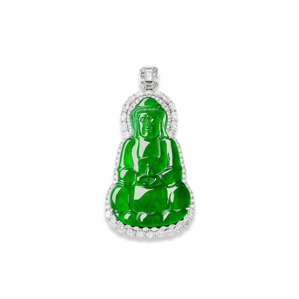 JADEITE AND DIAMOND 'GUANYIN' PENDANT (1 of 3)