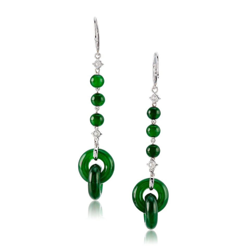 PAIR OF JADEITE DOUBLE HOOP AND DIAMOND PENDENT EARRINGS - 2