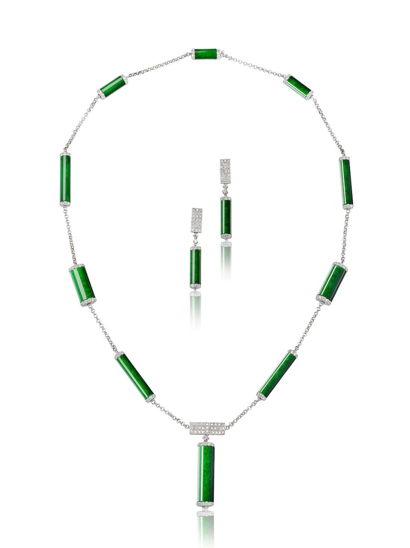 JADEITE AND DIAMOND 'PILLAR' NECKLACE AND EARRING SET (2) (1 of 2)