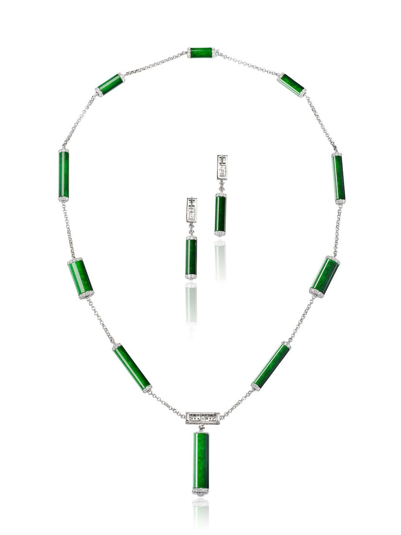 JADEITE AND DIAMOND 'PILLAR' NECKLACE AND EARRING SET (2) - 2