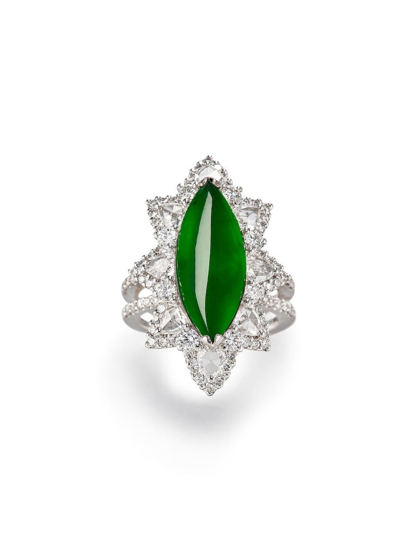 JADEITE AND DIAMOND RING: JADEITE AND DIAMOND RING 天然翡翠配鑽石戒指 Certificate: HKJSL, jadeite, natural, type A (SJ 5907, 23 October 2009) Jadeite: approx. 18.36 x 7.66 