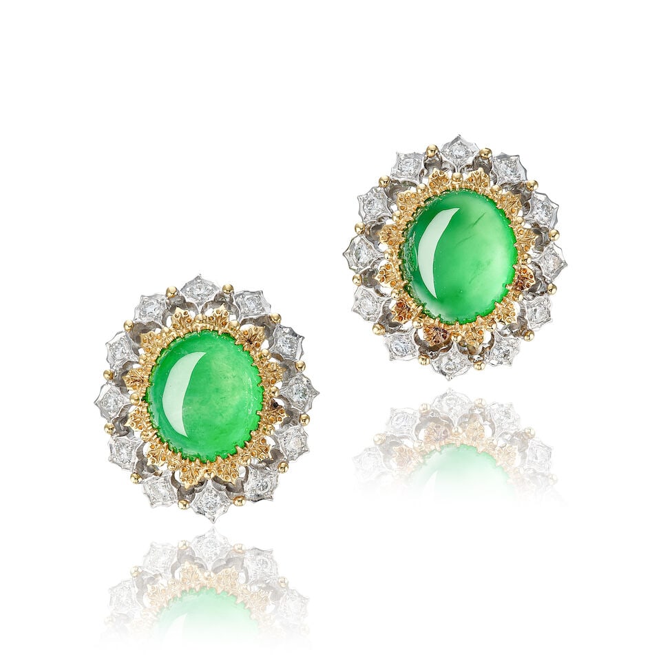 PAIR OF JADEITE AND DIAMOND EARRINGS: PAIR OF JADEITE AND DIAMOND EARRINGS 天然翡翠配鑽石耳環 Certificate: HKJSL, selected jadeite, natural, type A (SJ 251609, 27 January 2026) Selecte
