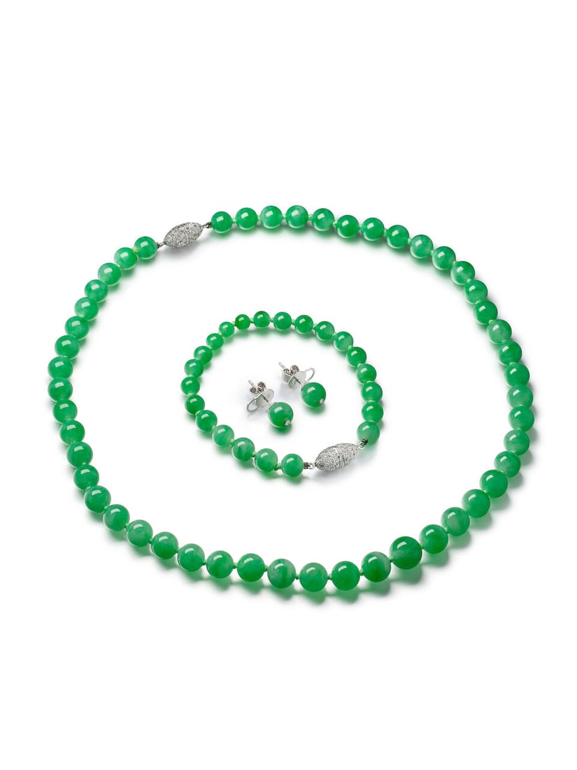 JADEITE BEAD AND DIAMOND NECKLACE AND EARRING SET (2) - 2