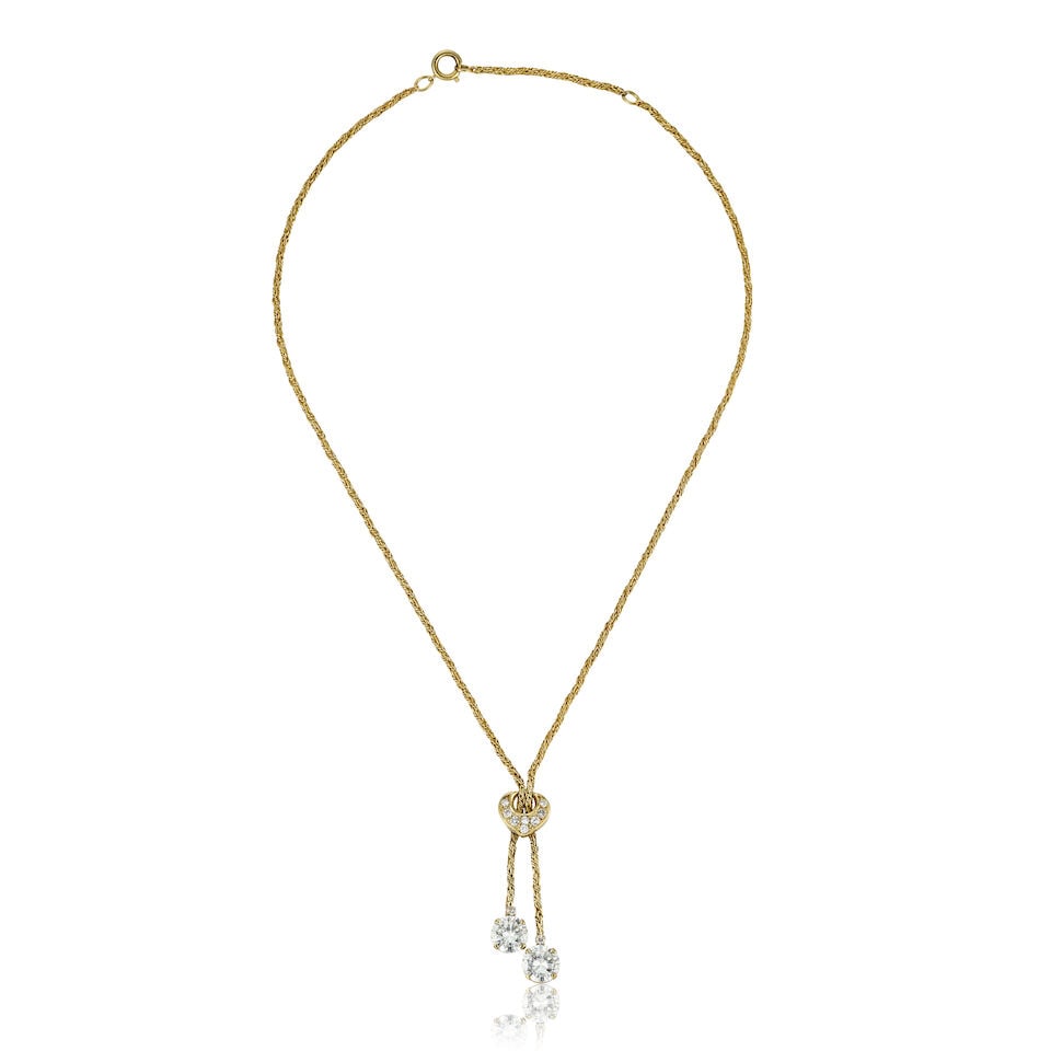DIAMOND PENDANT NECKLACE: DIAMOND PENDANT NECKLACE 鑽石吊墜項鍊 Diamonds: approx. 3.75cts Metal: 14 karat yellow gold Length: pendant 4.0cm; necklace 40.0cm Gross weight: 9.6g For further
