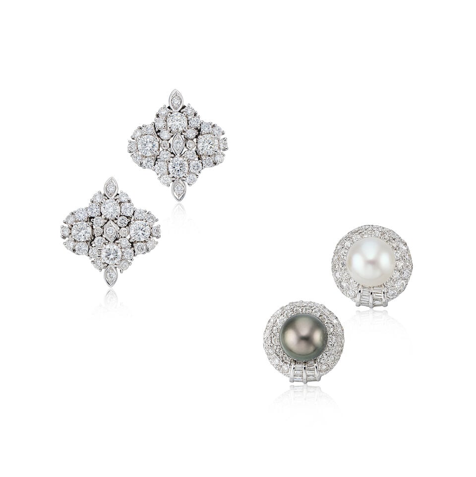 PAIR OF CULTURED PEARL AND DIAMOND EARRINGS; AND PAIR OF DIAMOND EARRINGS (2) (1 of 2)