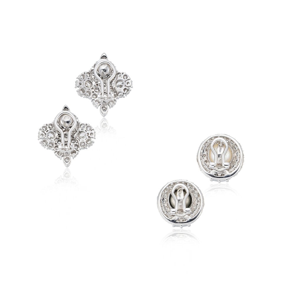 PAIR OF CULTURED PEARL AND DIAMOND EARRINGS; AND PAIR OF DIAMOND EARRINGS (2) - 2