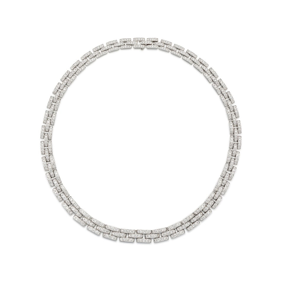 DIAMOND 'BRICK' NECKLACE: DIAMOND 'BRICK' NECKLACE 鑽石項鍊 Diamonds: stamped 15.69cts Metal: 18 karat white gold Length: 41.0cm Gross weight: 54.2g For further information on this lot please visit