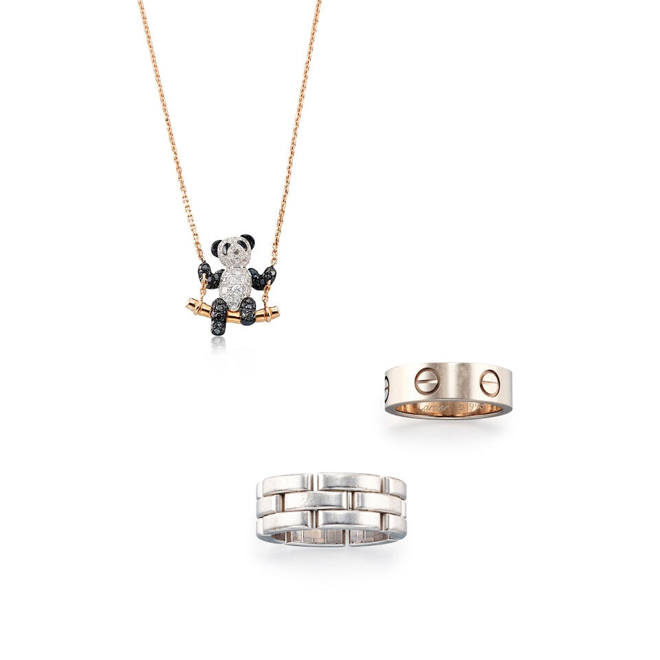 QEELIN: BLACK DIAMOND AND DIAMOND 'BO BO' PENDANT NECKLACE; CARTIER: 'LOVE' RING AND 'MAILLON PA...: QEELIN: BLACK DIAMOND AND DIAMOND 'BO BO' PENDANT NECKLACE; CARTIER: 'LOVE' RING AND 'MAILLON PANTHÈRE' RING Qeelin：黑色鑽石配鑽石「Bo Bo
