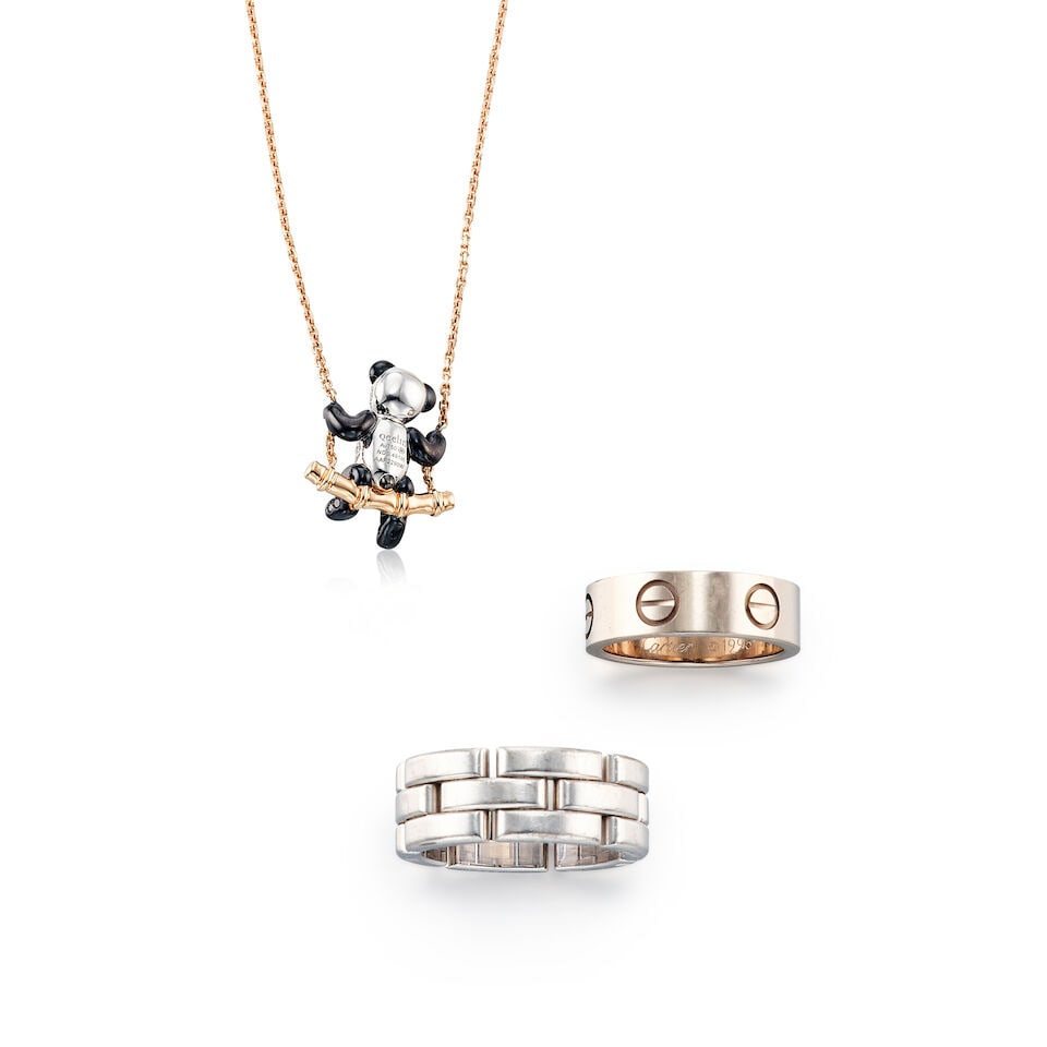 QEELIN: BLACK DIAMOND AND DIAMOND 'BO BO' PENDANT NECKLACE; CARTIER: 'LOVE' RING AND 'MAILLON PA... - 2