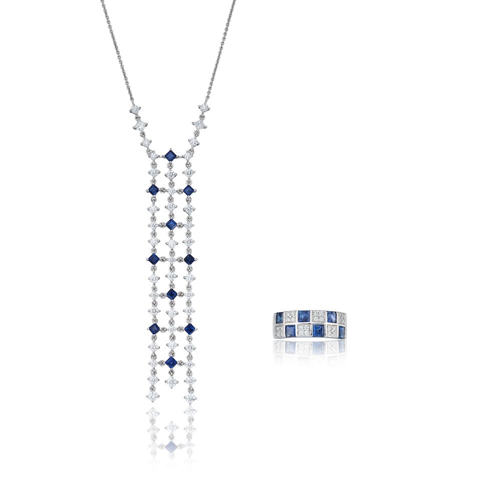 MIKIMOTO: SAPPHIRE AND DIAMOND PENDANT NECKLACE AND RING SET (2): MIKIMOTO: SAPPHIRE AND DIAMOND PENDANT NECKLACE AND RING SET Mikimoto：藍寶石配鑽石項鍊及戒指套裝 Signature: