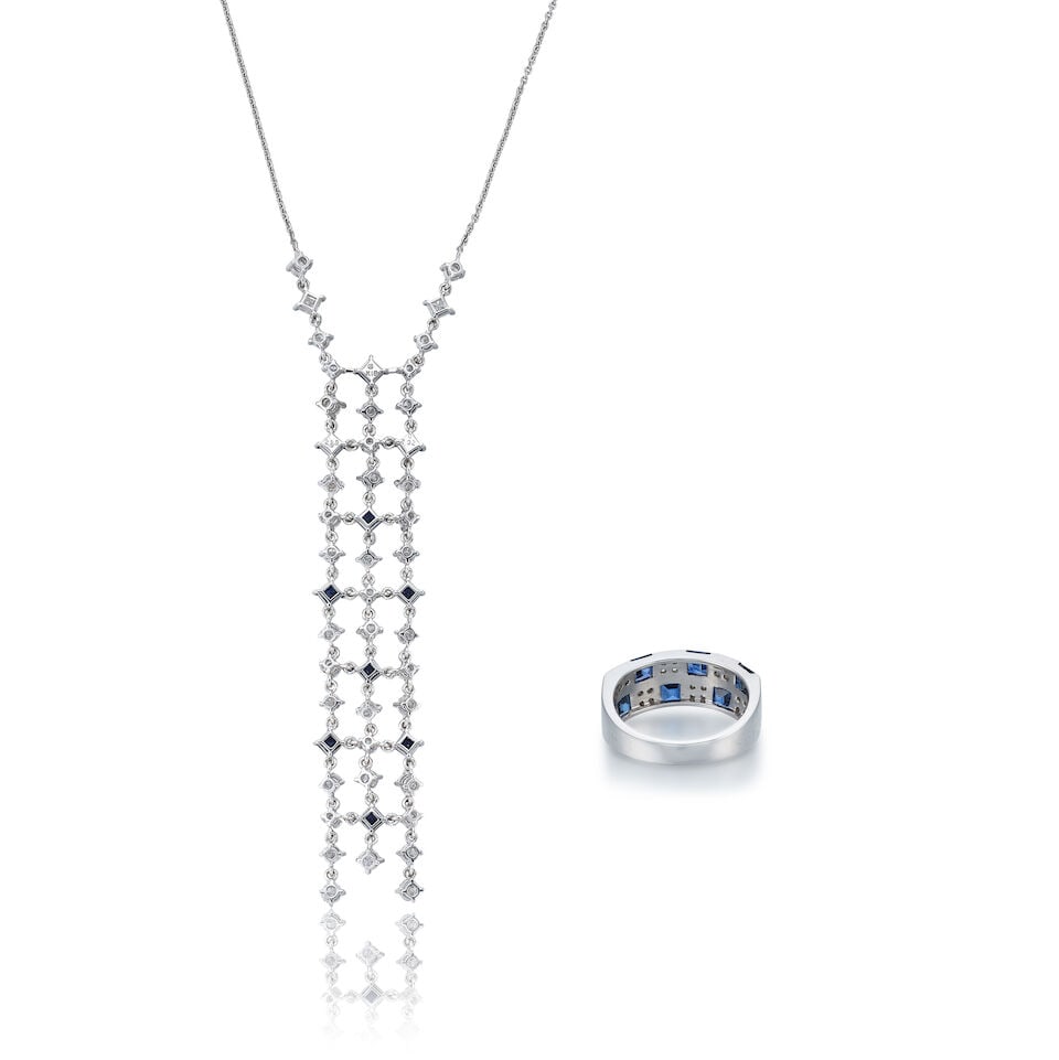 MIKIMOTO: SAPPHIRE AND DIAMOND PENDANT NECKLACE AND RING SET (2) - 2