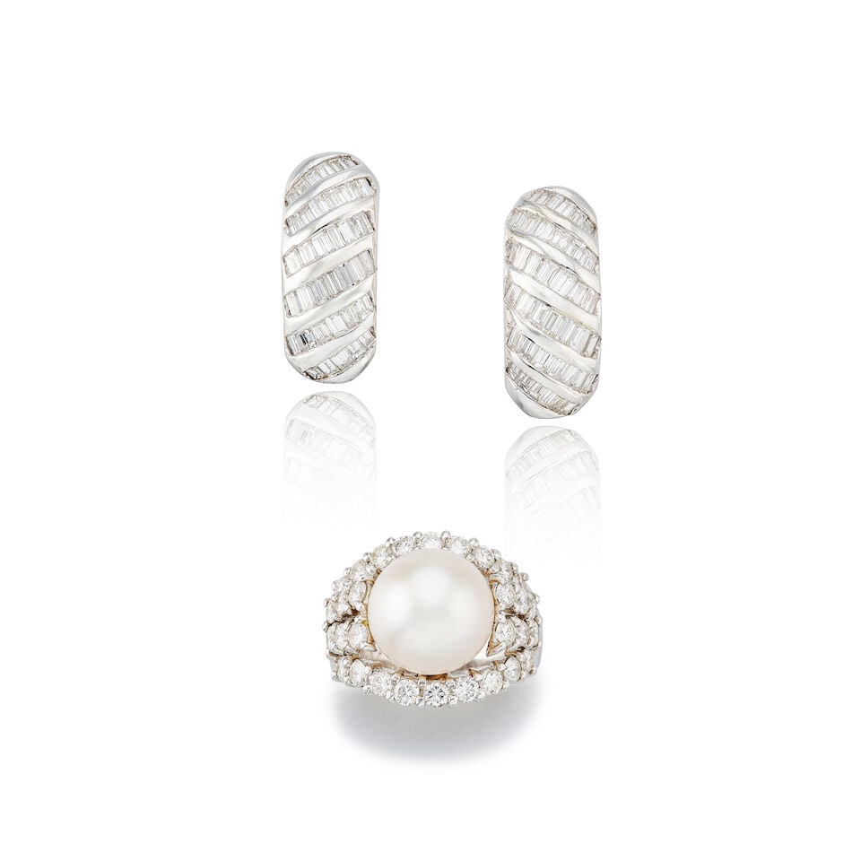 CULTURED PEARL AND DIAMOND RING; AND PAIR OF DIAMOND EARRINGS (2) (1 of 3)