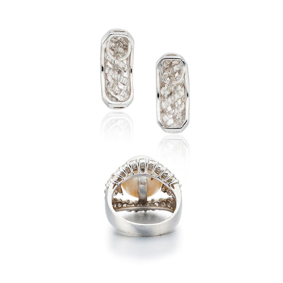 CULTURED PEARL AND DIAMOND RING; AND PAIR OF DIAMOND EARRINGS (2) - 2