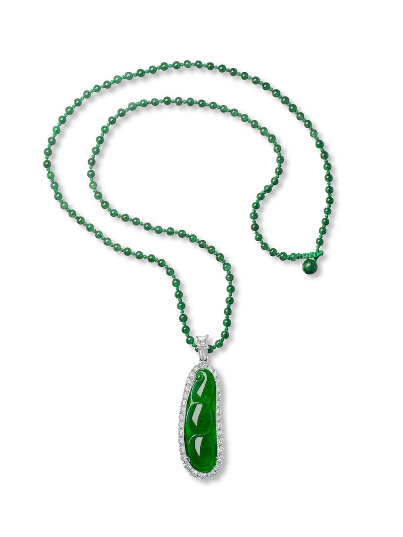 JADEITE AND DIAMOND 'PEAPOD' PENDANT, WITH JADEITE BEAD NECKLACE (1 of 4)