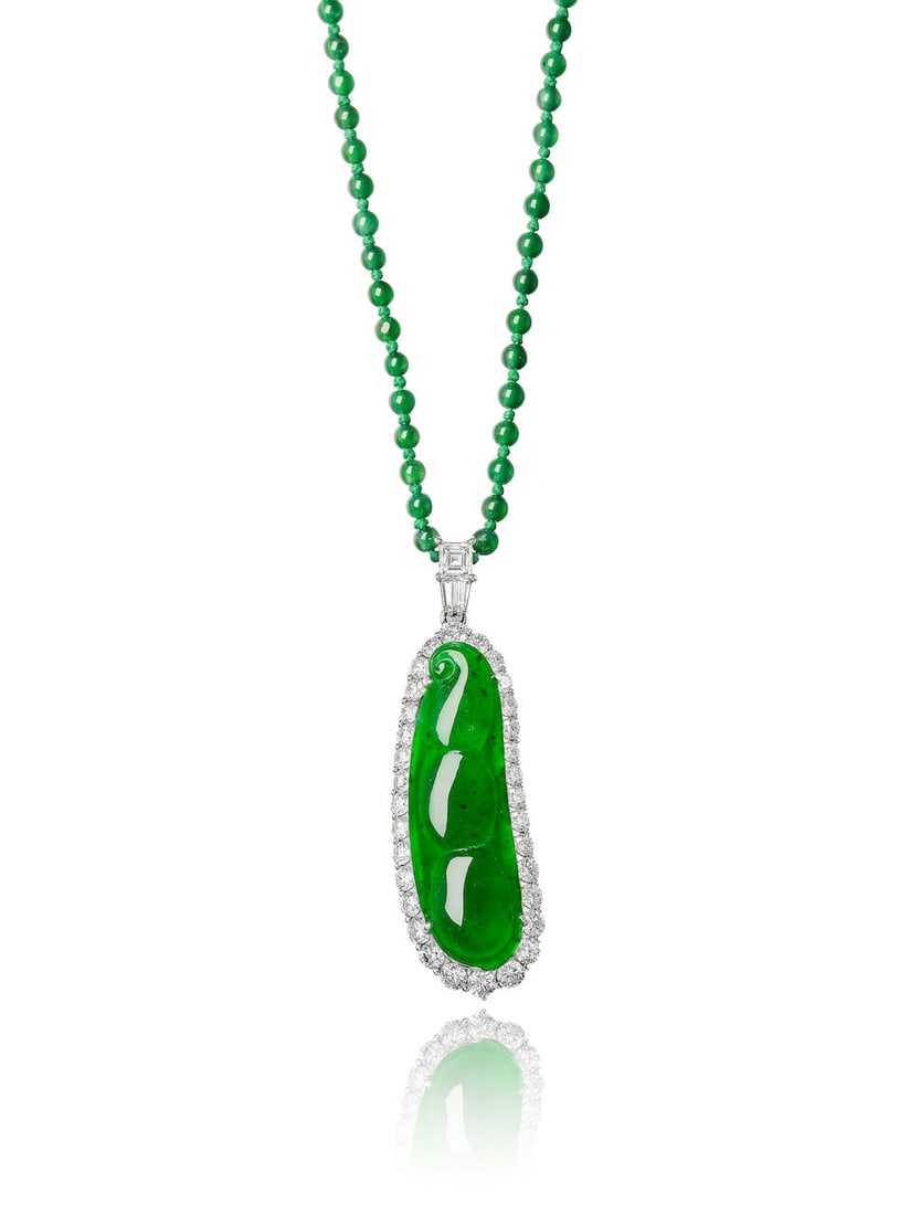 JADEITE AND DIAMOND 'PEAPOD' PENDANT, WITH JADEITE BEAD NECKLACE - 2